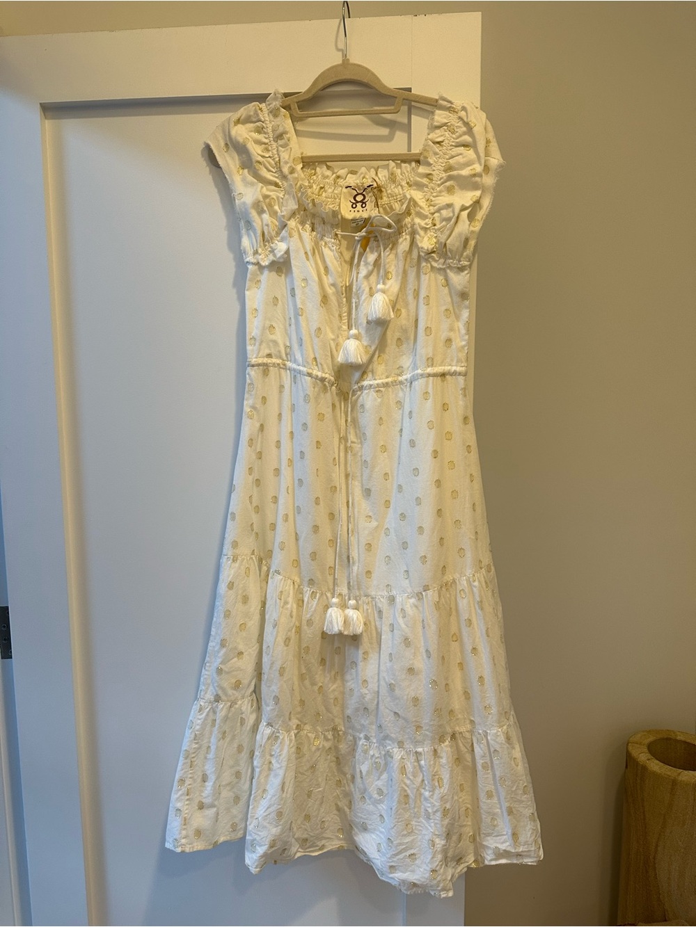 Women’s FIGUE Cream Tassel Tiered Maxi Dress, adjustable waist Size X SMALL - Picture 4 of 8